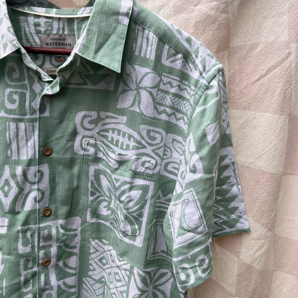 Quiksilver Mens Waterman Collection Shirt, Short Sleeve, White/Green, Size M - Picture 4 of 7